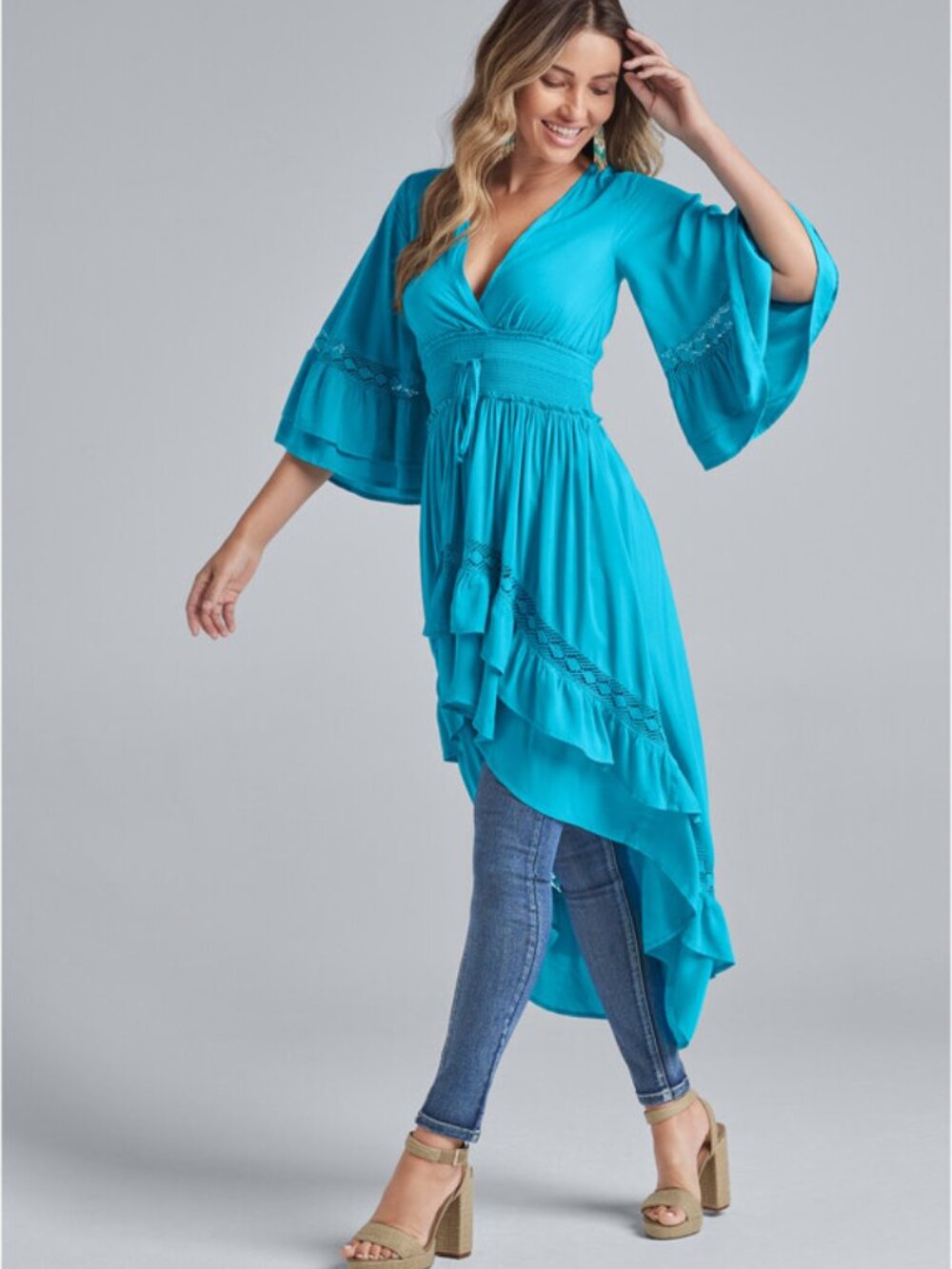 Boho Turquoise Lace Detail Tiered Maxi High Low Lace Smocked Bell Sleeve Top